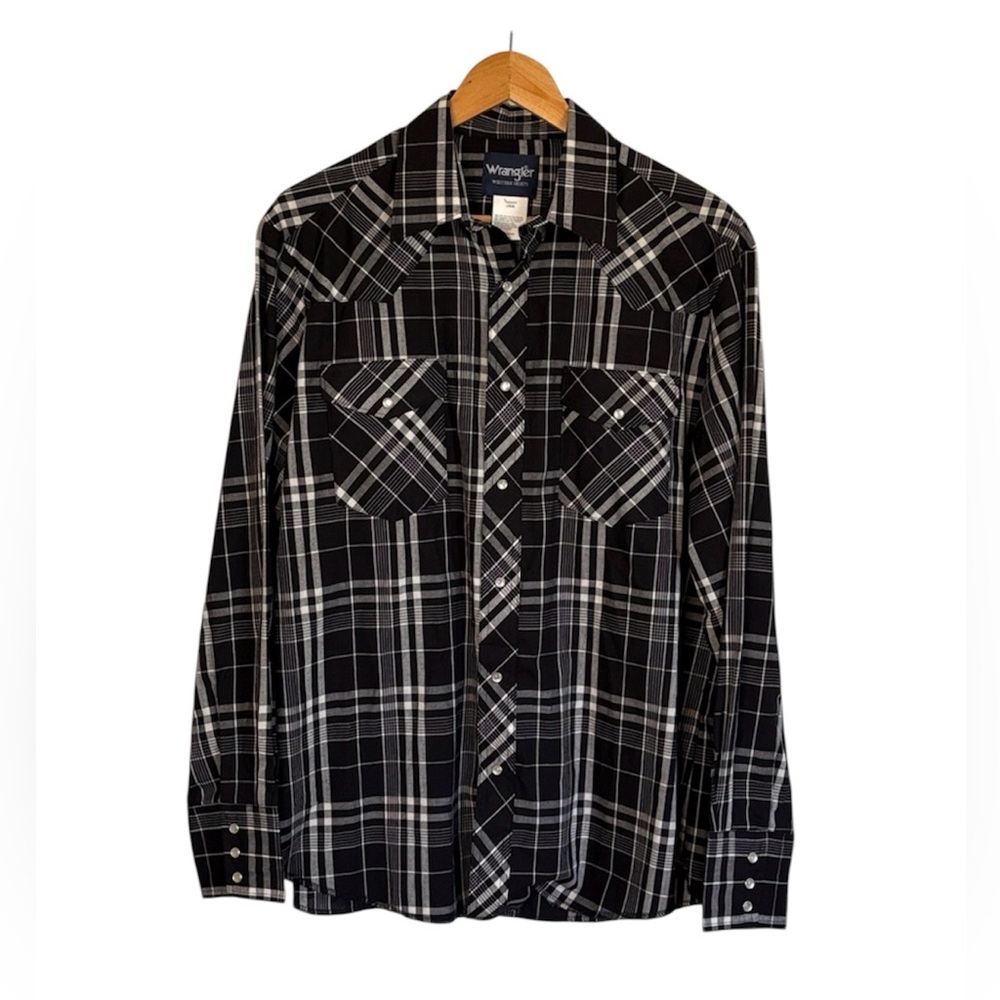 Wrangler Western Plaid Shirt Pearl Snap Long Sleeve Black White Size Large - Picture 12 of 12